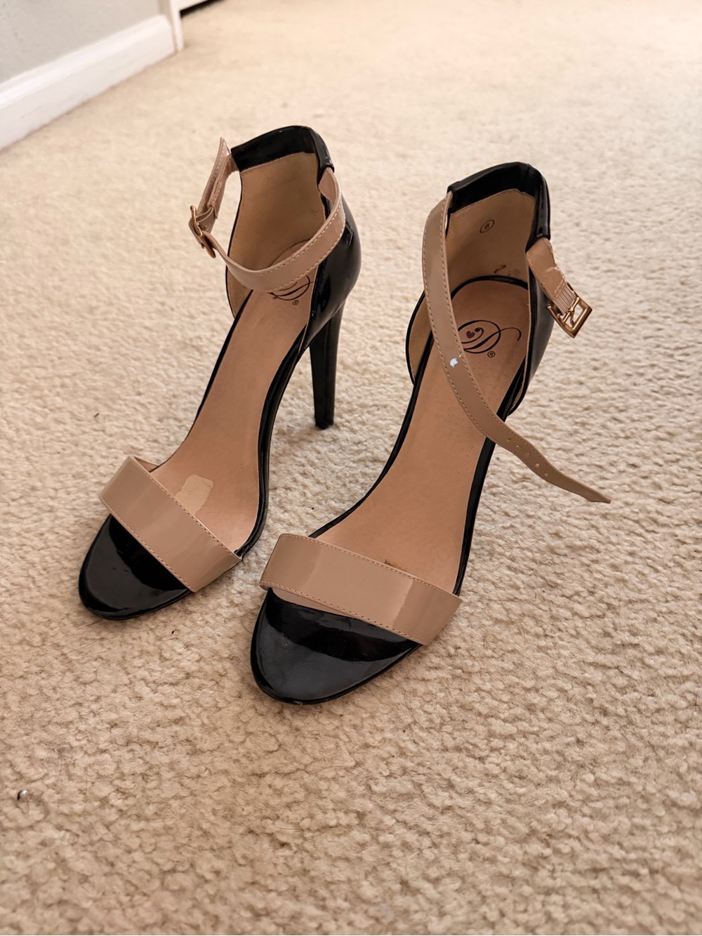 Dollhouse Black and Beige Open-Toe Ankle Strap Heels